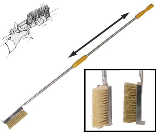 Pizzaofenbürste mit Borsten aus feinem Messingdraht aus Edelstahl 18/10, seidenmatt poliert, starre Stange (Ø 1,8 cm) mit zwei
