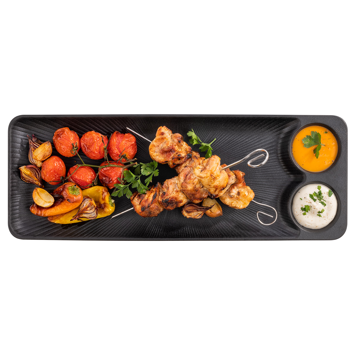 Tablett -NERO-, 41 x 15 cm, H: 2,5 cm, Melamin, schwarz, mit 2 integrierten, Dipschälchen / Vertiefungen, Ø 6 cm, 30 ml