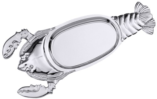 Hummerplatte aus Edelstahl 18/0, hochglänzend, fugenlos, schwere Qualität Fläche: 28 cm x 20 cm, Länge: 59 cm [Mit vergoldetem Kopf