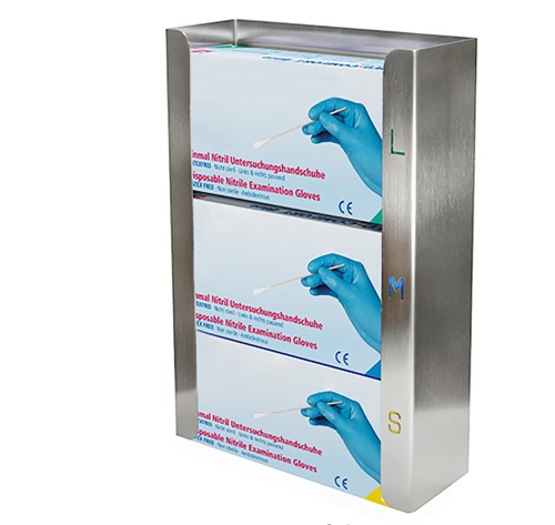 SARO Edelstahl-Handschuhspender Modell LAZARO Made in Europe - Edelstahlhandschuhspender - Für 3 Boxen - Seitliche Stanzungen für Größen S,