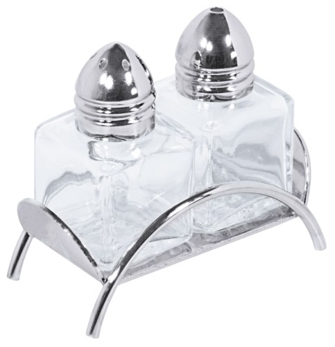 Mini-Streuer Würfel als Salz- und Pfeffer-Menage aus klarem Pressglas, mit verchromten Messingkappen, /001  Pfeffer mit 1
