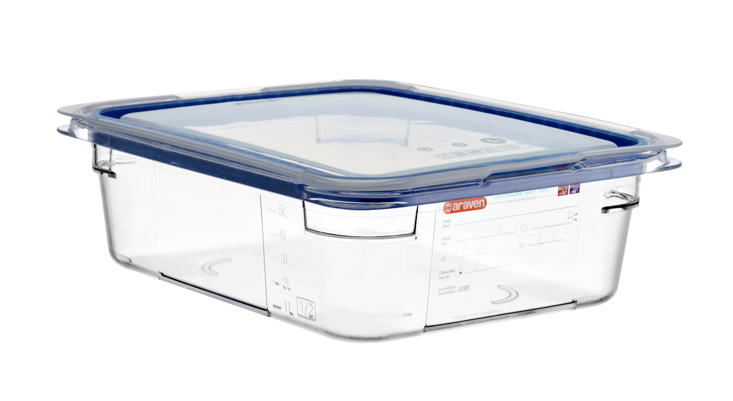 ARAVEN luftdichter Polycarbonat Behälter GN 1/2 100mm Höhe und 4,85 Liter Fassungsvermögen, durchsichtig