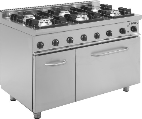 SARO Gasherd mit Elektrobackofen Modell E7/KUPG6LE Made in Europe - Material: (Gehäuse) Edelstahl - 6 Gasbrenner: 3 x 4,5 kW (hinten) und