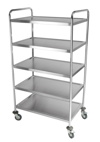 Servierwagen. 5 Borde. Edelstahl. 4 schwenkbare Rollen mit Rammschutz, davon 2 mit