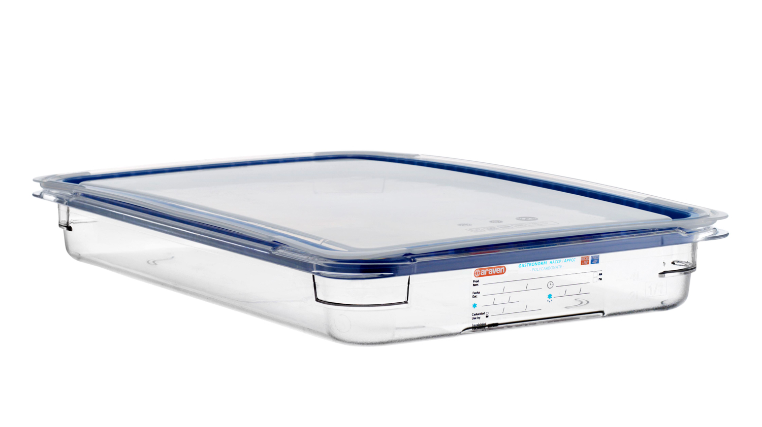 ARAVEN luftdichter Polycarbonat Behälter GN 1/1 65mm Höhe und 6,25 Liter Fassungsvermögen, durchsichtig