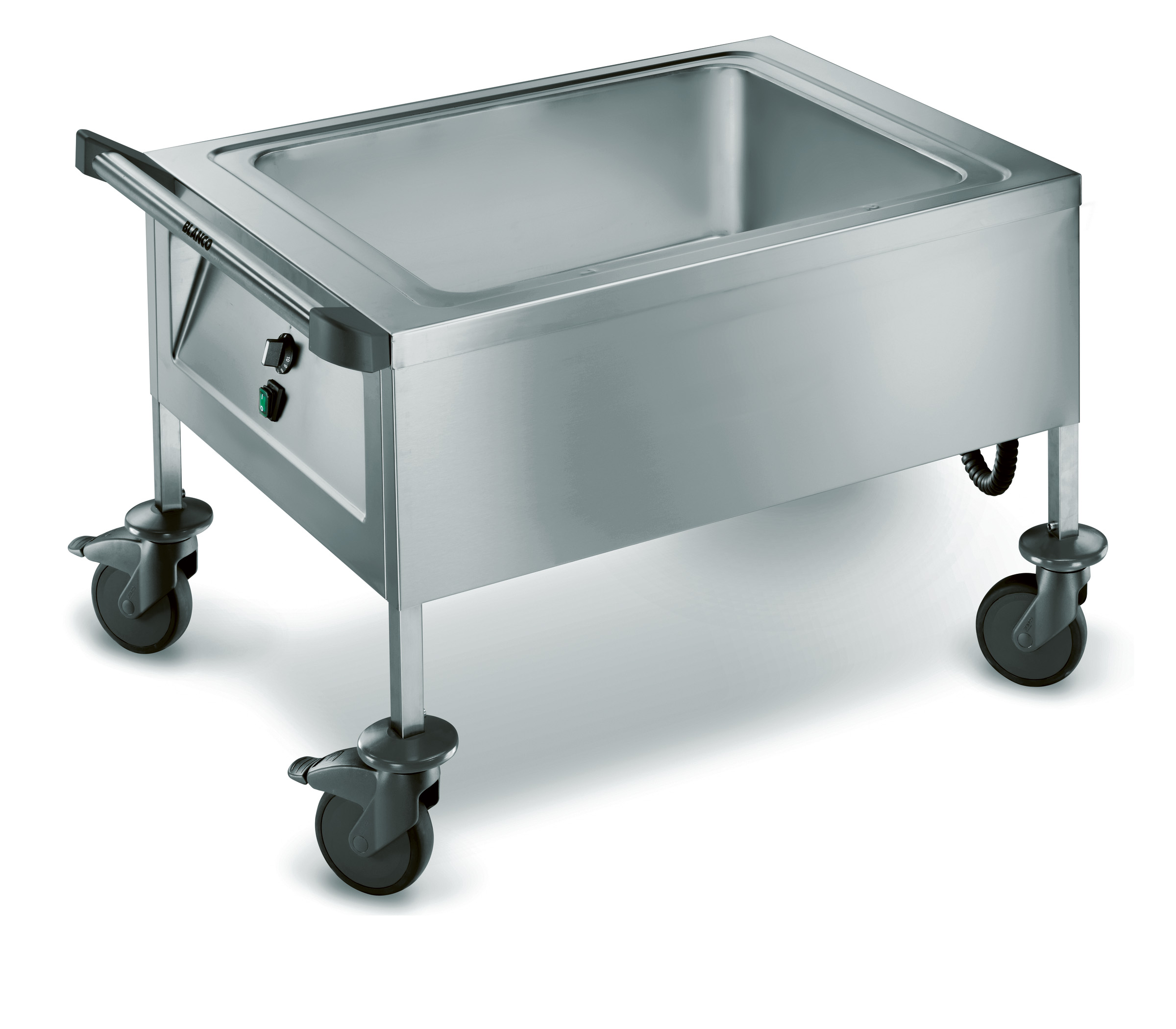 BLANCO Bestecktauchwagen aus rostfreiem Edelstahl mit Kunststoffrollen, beheizt (+30 °C bis +95 °C), unterfahrbar, Inhalt: ca. 70