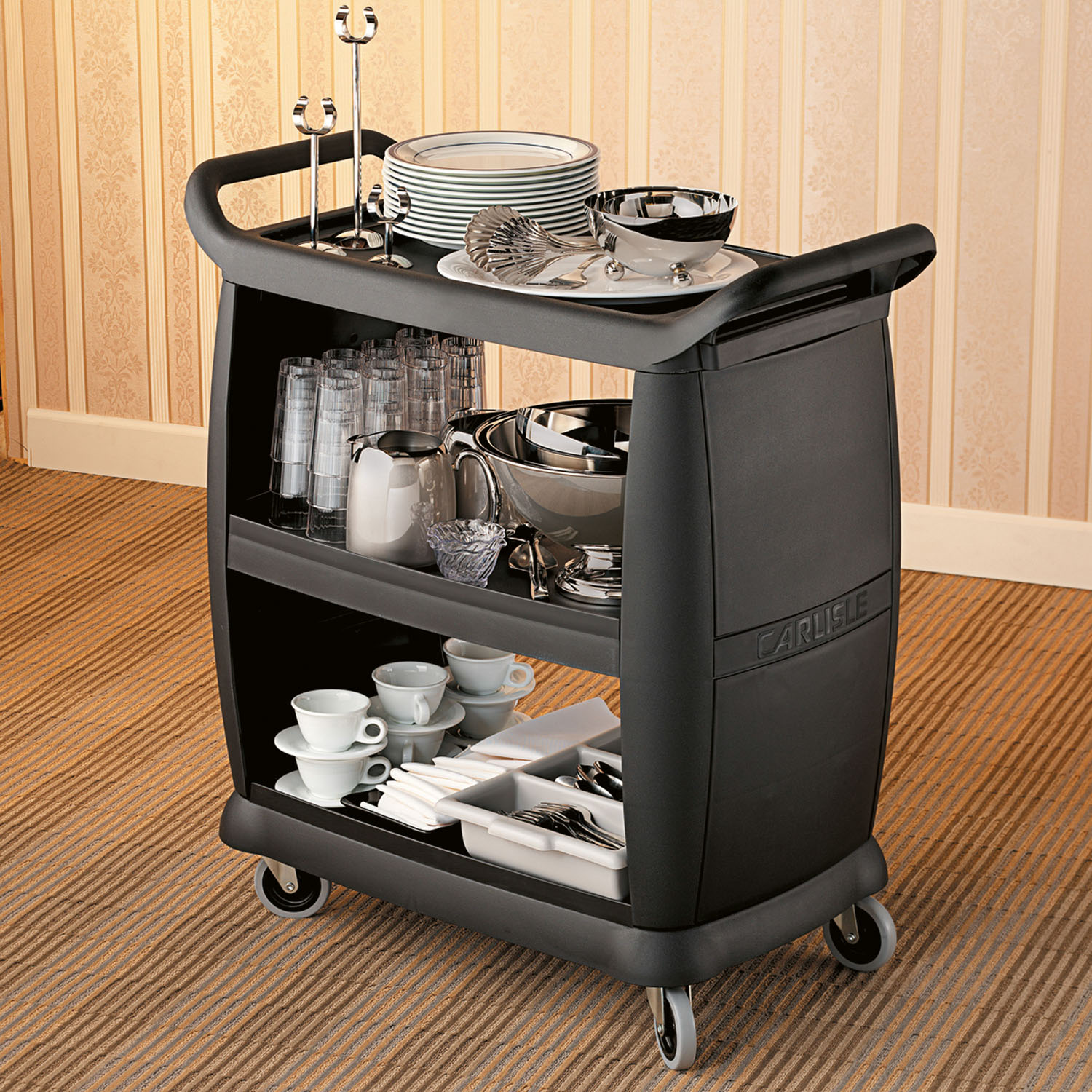 Abräum und Transportwagen Black Beauty, mit 3 Borden, Farbe: Schwarz, Maße: L 106,68cm x B 58,42 cm x H 95,25cm