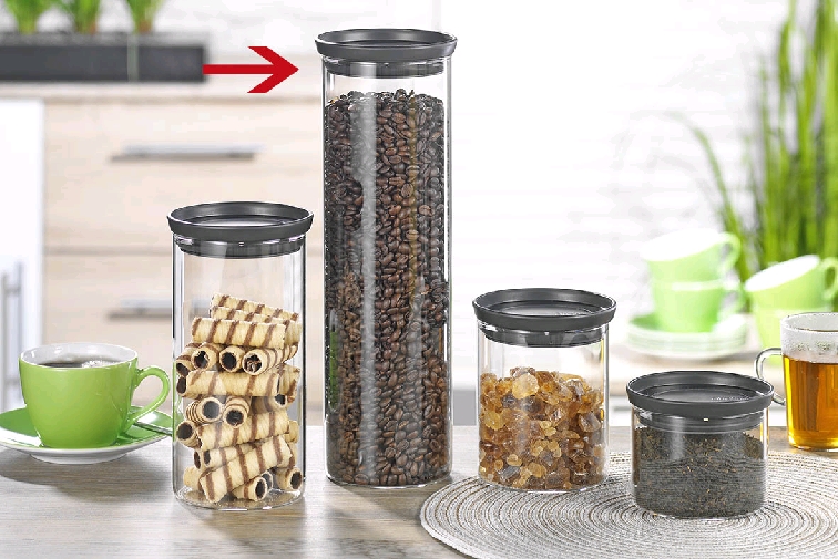 Brabantia stapelbarer Glasbehälter TOKIO, Inhalt: 1,9 Liter, Farbe Deckel: dunkelgrau, Höhe 32,1 cm, Durchmesser 10,5 cm.