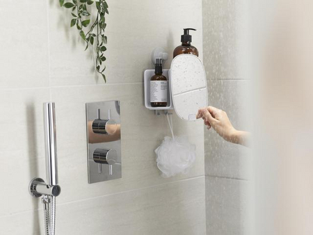 Joseph Joseph EasyStore Kompakte Duschablage mit verstellbarem Spiegel – Weiß