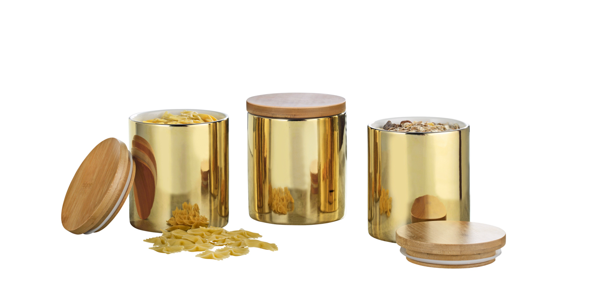 3-teiliges Vorratsdosen-Set GRENOBLE, Höhe 12 cm aus Porzellan, Farbe: Gold (innen weiß).