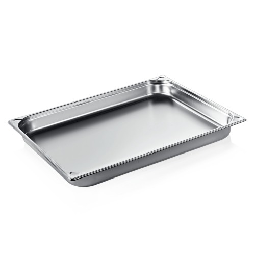 GN 2/1 Behälter, Materialstärke 0,6 mm, Randverstärkung durch geprägte U-Ecken. Material: Chromnickelstahl. Serie: GN 76. Inhalt in Litern: