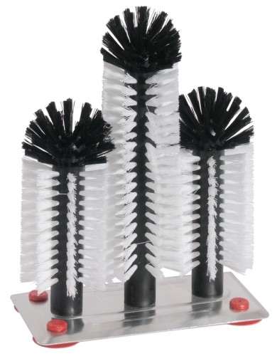 Gläserbürsten schwarze und weiße Borsten aus Polypropylen, auf Aluminiumplatte 19 x 10 cm, mit 4 Saugfüßen Durchmesser Bürste: 7 cm, Höhe: