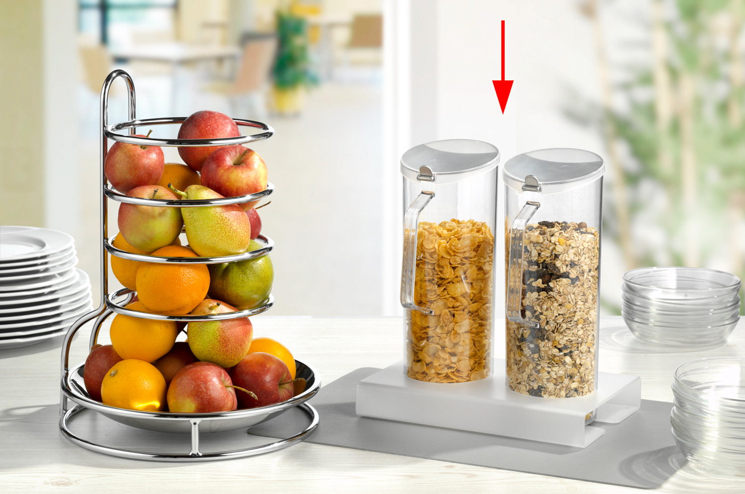 3-tlg. Cerealien-Bar LUCKY, Kapazität: 2x 1,5 Liter, Maße: 26 x 17 x 29 cm. Ständer mit Stufenhöhe: 4 cm.