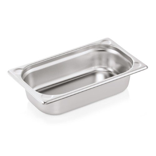 GN 1/4 Behälter, Materialstärke 0,6 mm, Randverstärkung durch geprägte U-Ecken. Material: Chromnickelstahl. Serie: GN 76. Inhalt in Litern: