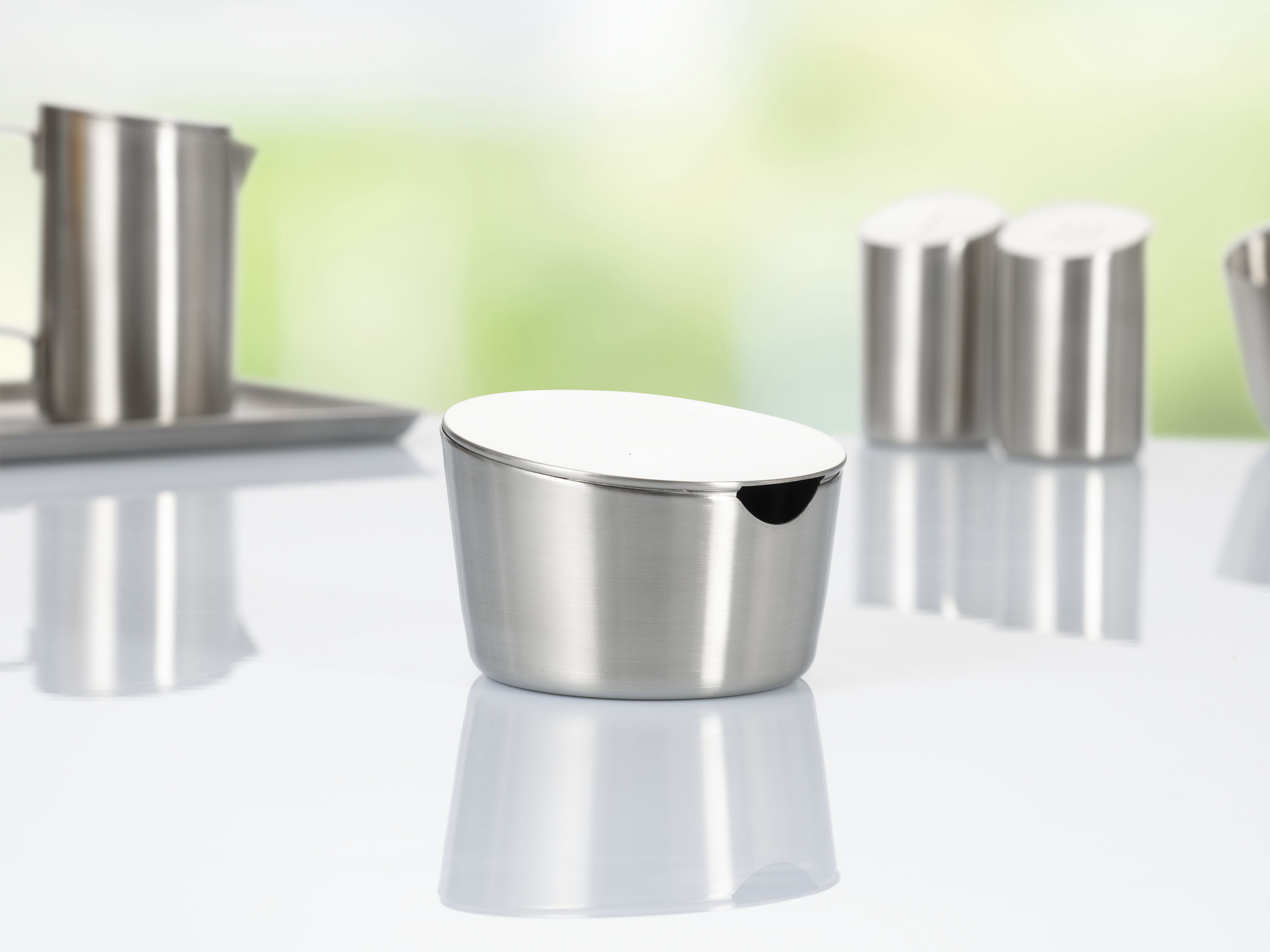 Zuckertopf mit Deckel VISTA, Durchmesser: 100 mm, Höhe: 62 mm, Inhalt: 230 g, mit gebürsteter Oberfläche,