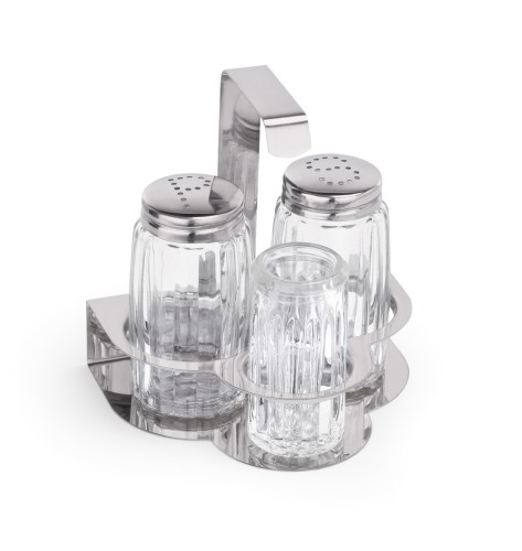 Menage. Edelstahl/Glas. 3-teilig, Salz und Pfeffer, Zahnstocherglas.