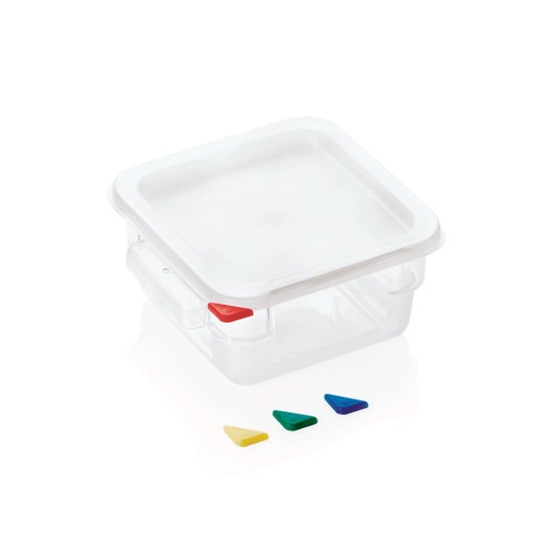 HACCP Vorratsbehälter, mit farbigen HACCP Clips, mit Skalierung und Griffen. Material: Polycarbonat, Polyethylen. Inhalt in Litern: 2.