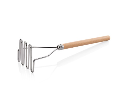 Kartoffelstampfer. Chromnickelstahl. mit Holzgriff. Maße: 12,5 x 10,5 cm.