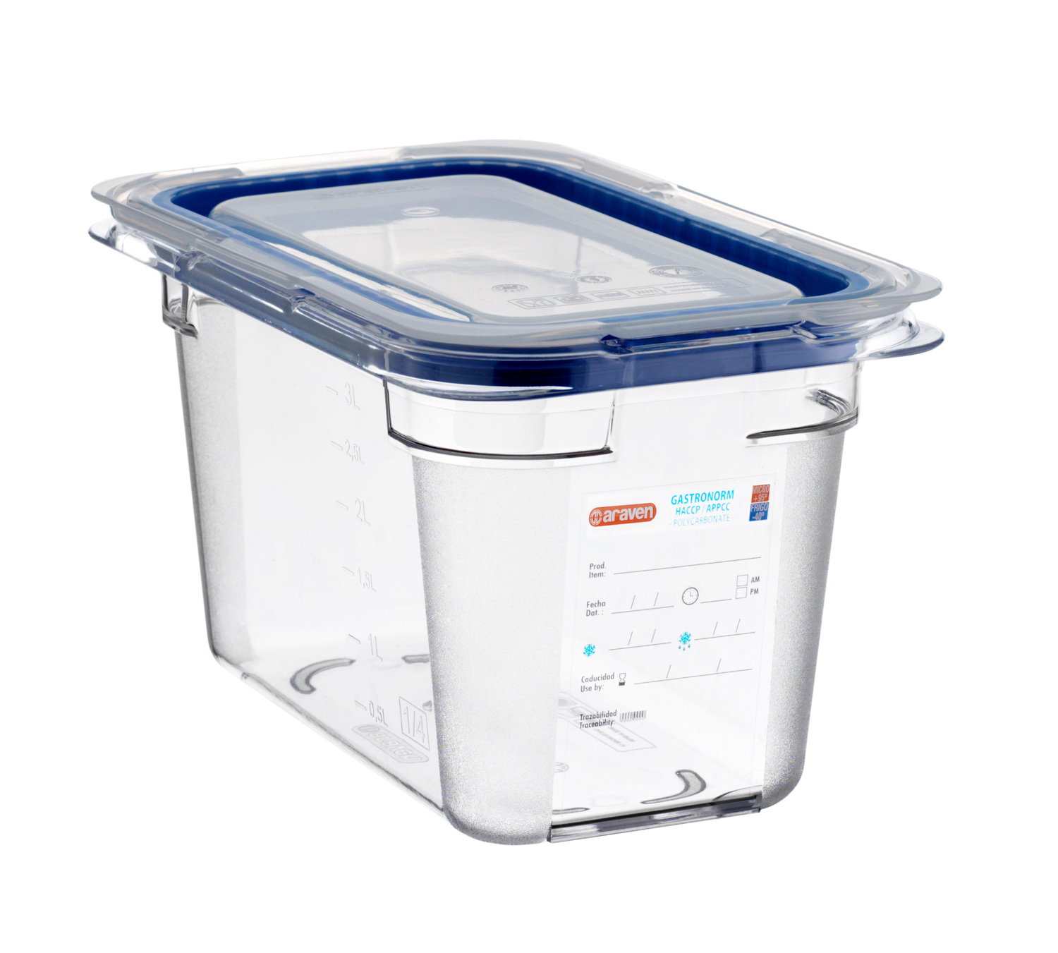 ARAVEN luftdichter Polycarbonat Behälter GN 1/4 150mm Höhe und 3,3 Liter Fassungsvermögen mit Deckel, durchsichtig