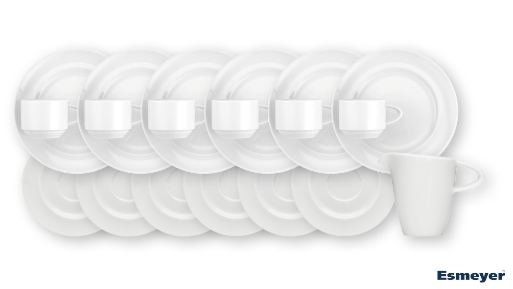 19-teiliges Sparset ENJOY von Bauscher. Je 6 Obertassen stapelbar 0,18 l, Untertassen rund 16,2 cm, Teller 21cm,