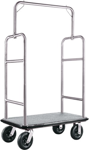 Gepäckwagen. silberfarben. Edelstahl. 2 schwenkbare Rollen Ø 15 cm mit Feststeller und 2