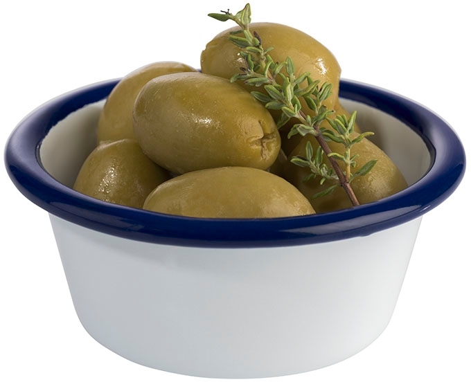Schale -ENAMELWARE- Ø 8 cm, H: 3,5 cm, 0,08 Liter emailliertes Stahlblech innen: weiß außen: weiß Rand: blau
