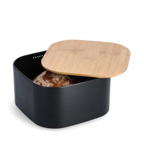 Brotkasten m. Bambusdeckel, Metall, schwarz / Maße: 26,5x26,5x14,5 cm