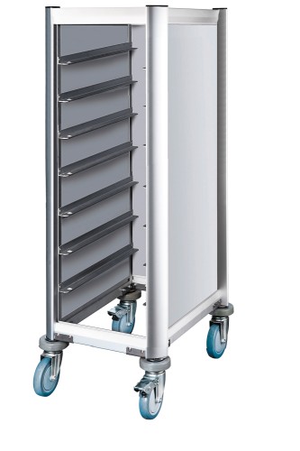 Tablettwagen. für 7 Tabletts 45,5 x 35,5 cm. Alu-Profile mit MDF-Seitenteilen. passend