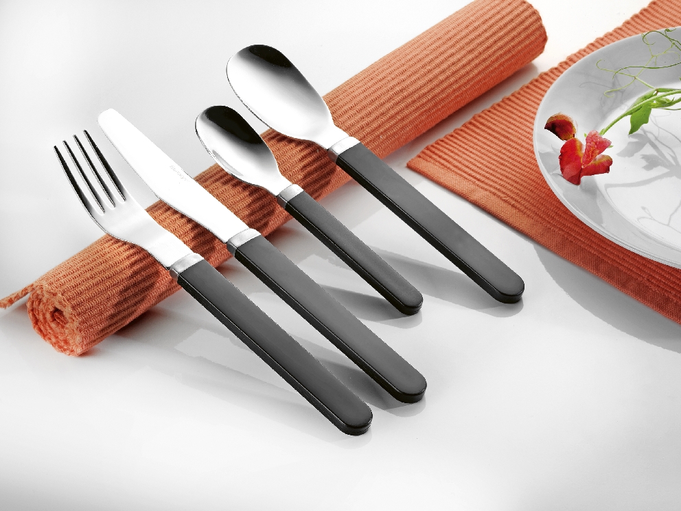 24-tlg. Besteck JOY, aus Edelstahl 18/10, poliert, mit schwarzen Kunststoffgriffen. Messer aus Klingenstahl.