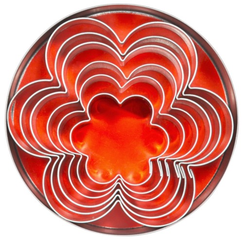 Ausstechformen,  Blüte aus Weißblech, sechs Stück komplett in der Dose (Ø 10 cm) Durchmesser: 40 mm - 95 mm, Höhe: 30 mm