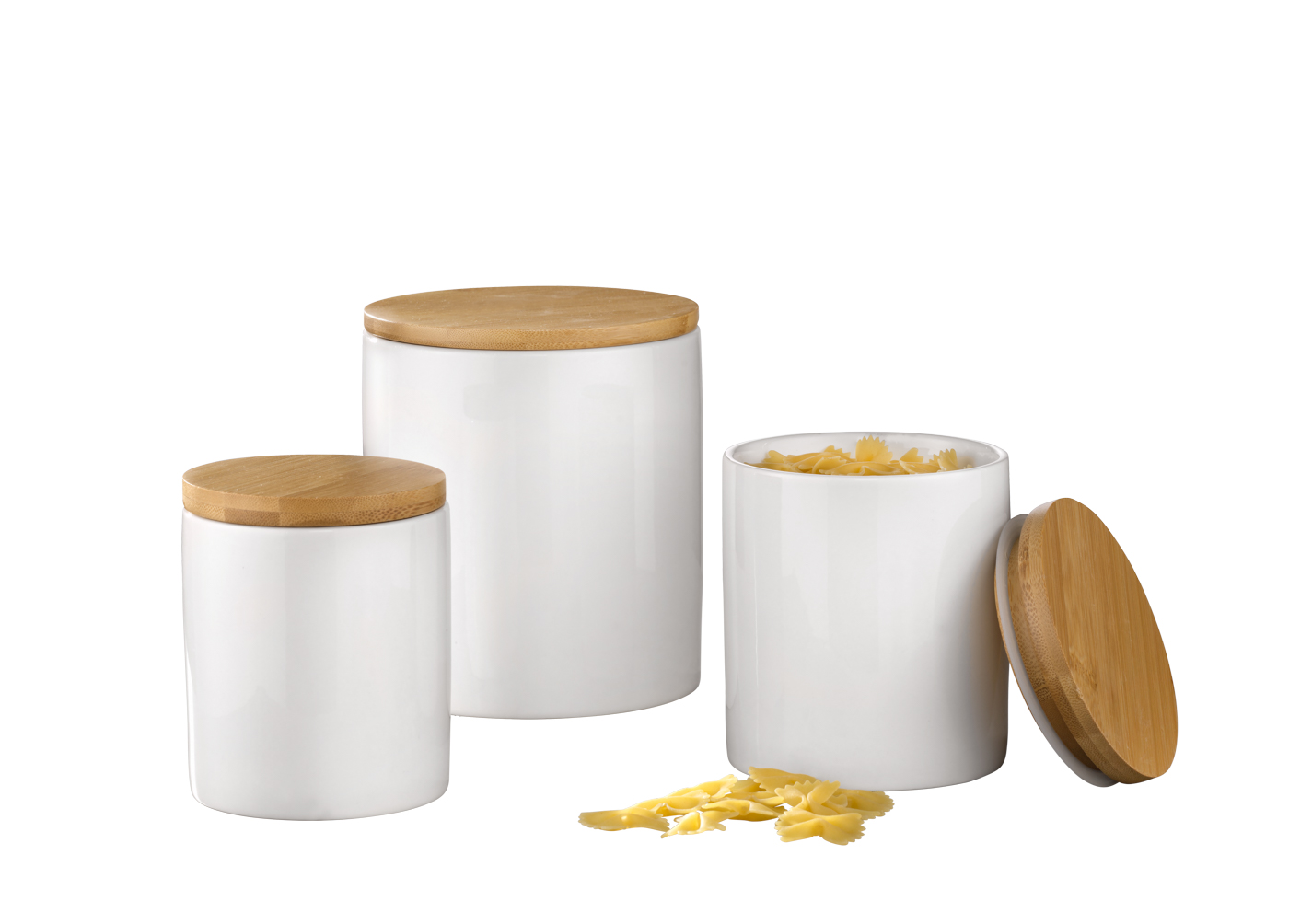 3-teiliges Vorratsdosen Set GRENOBLE aus weißem Porzellan mit Bambusdeckel inkl. Silikondichtung.