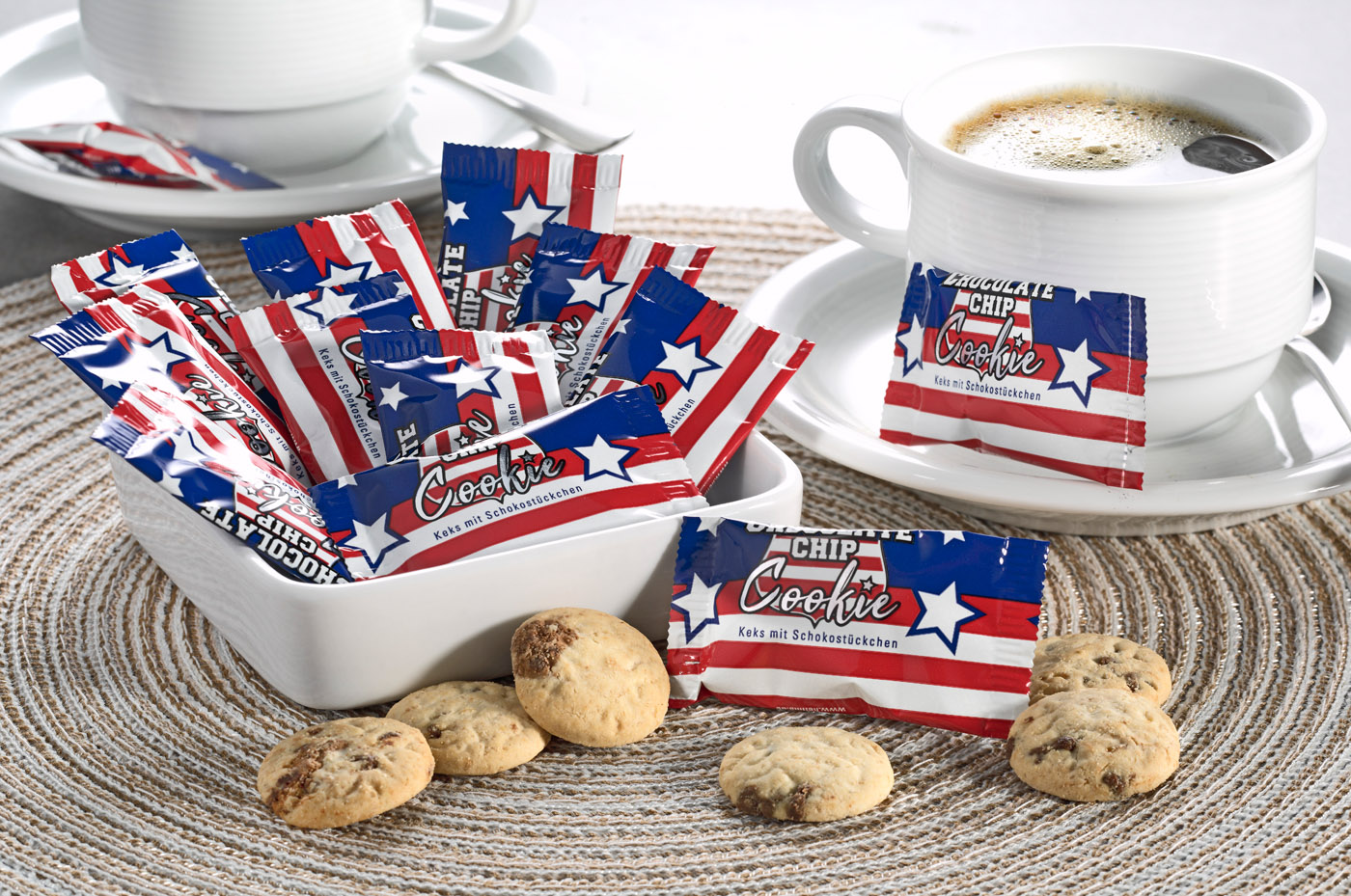 Hellma Chocolate Chip Cookie, 250 Stück. Einzeln verpackte Kekse aus Hafer- mehr mit Schokostückchen.