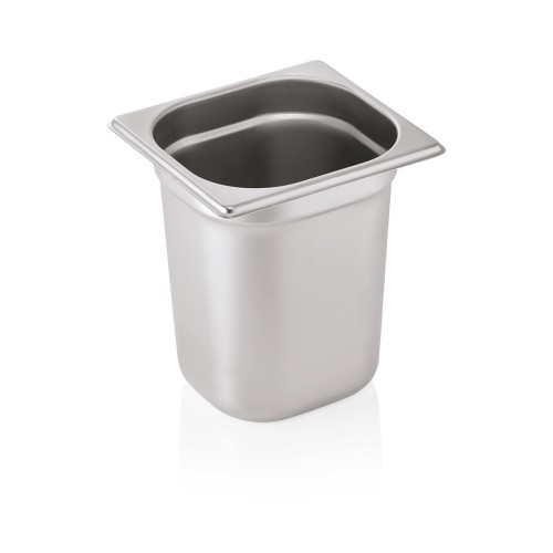 GN 1/6 Behälter, Materialstärke 0,6 mm. Material: Chromnickelstahl. Serie: GN 70. Inhalt in Litern: 3,4. Maße: Höhe: 200 mm