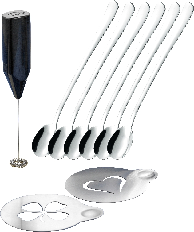 9-teiliges Kaffeeset CREAMY, bestehend aus: 6 Langstiel-Löffeln, 2 Schablonen (Edelstahl) und 1 Milchaufschäumer.