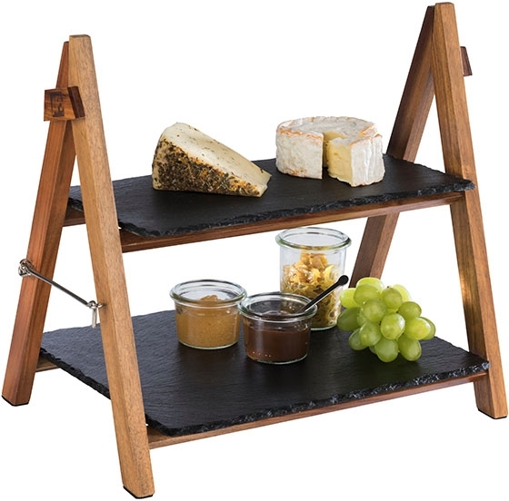 Serviergestell, 2-stufig 36,5 x 26,5 cm, H: 34 cm Naturschiefer, Akazienholz 3-teiliges Set bestehend aus: - Gestell aus