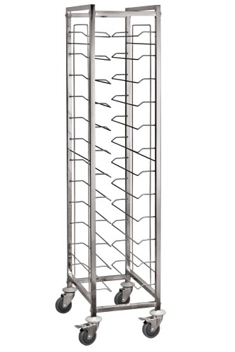 Tablettwagen. für 12 Tabletts 45,5 x 35,5 cm. Chromnickelstahl. 4 schwenkbare Rollen, Abstand zwischen den Einschüben beträgt 13 cm