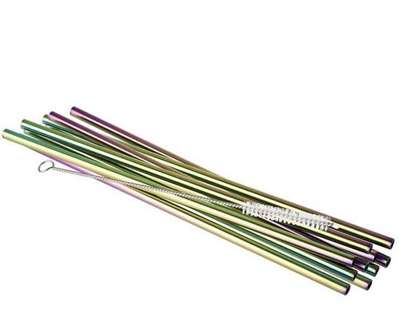 Trinkhalme 11er Set Ø 8 mm, Länge: 15 cm 18/8 Edelstahl,Regenbogen-Look Inhalt: - 10 Trinkhalme - 1 Reinigungsbürste