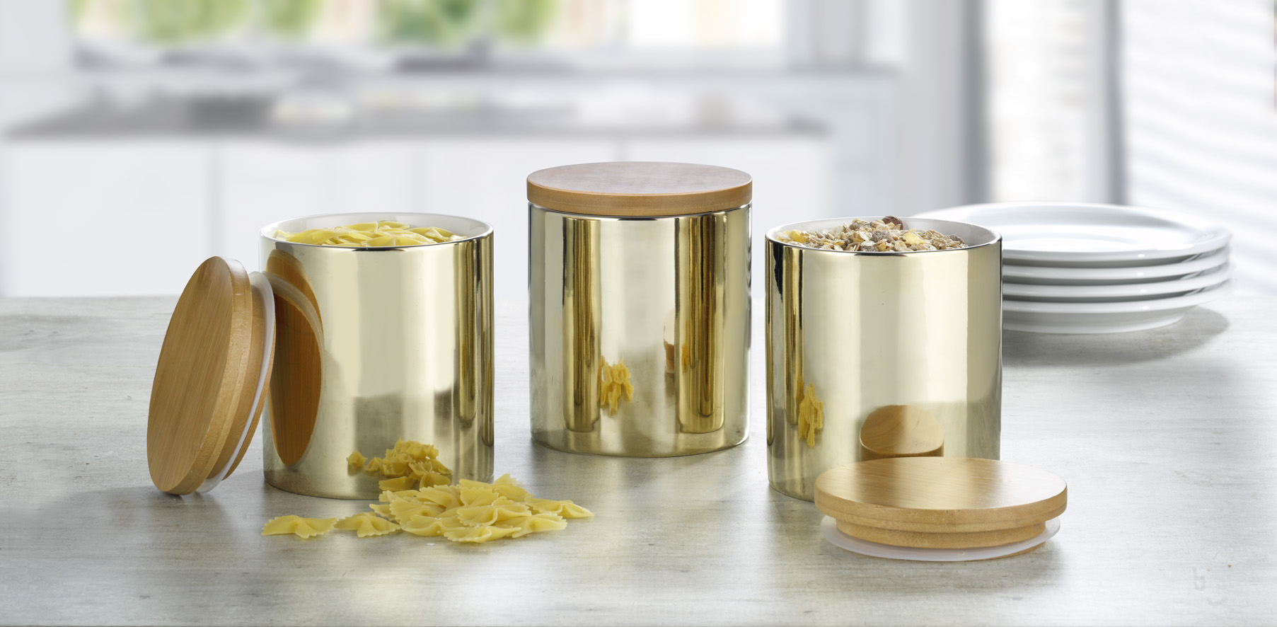 3-teiliges Vorratsdosen-Set GRENOBLE, Höhe 12,8 cm aus Porzellan, Farbe: Champagner (innen weiß).