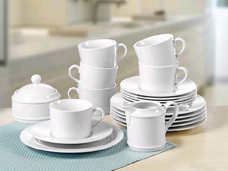 20-tlg. Kaffeeservice Porzellan Heike - uni weiss für 6 Personen mit Zuckerdose  Milchgiesser