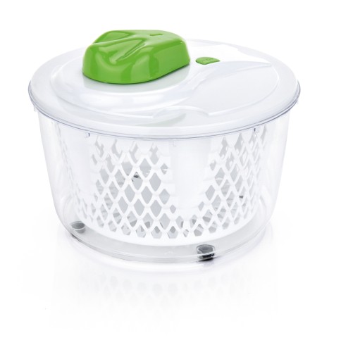 Salatschleuder. Kunststoff. mit Stoppmechanismus und rutschhemmenden Füßen.