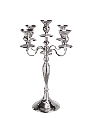 Kerzenhalter. Messing vernickelt. 5-flammig, hochglanzpoliert.