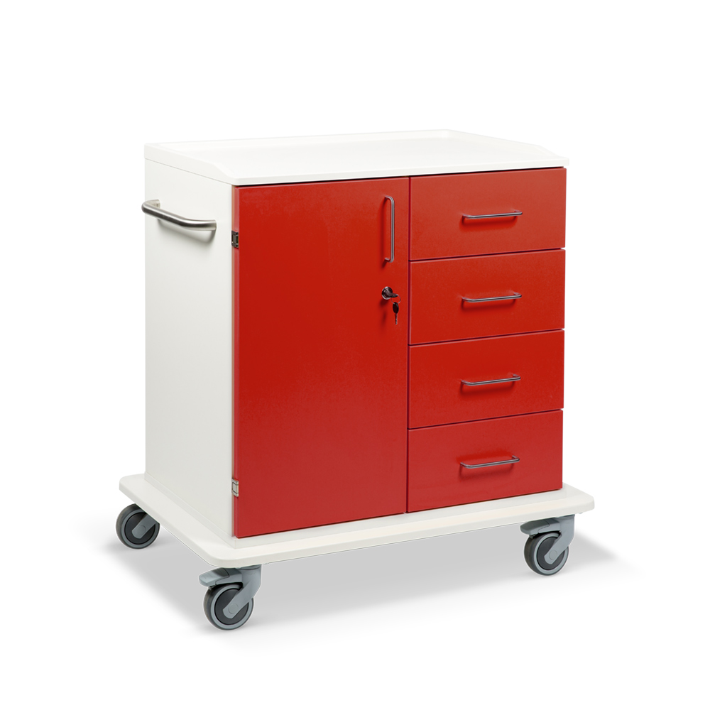 ETHERNASOLID® MULTICART Multifunktionswagen T22 mit einer Drehtür links, 4 Schubladen rechts und Schiebegriff, rot