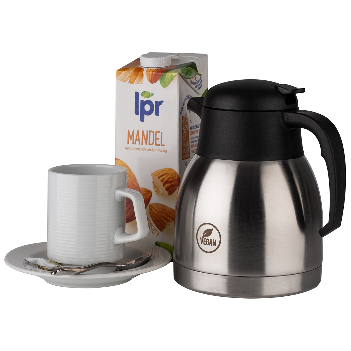 Isolierkanne -CLASSIC-, Ø 14 cm, H: 19 cm, 1 Liter, Edelstahl, Polypropylen, doppelwandig, Einhandautomatik, für 8 Tassen, Gravur: VEGAN