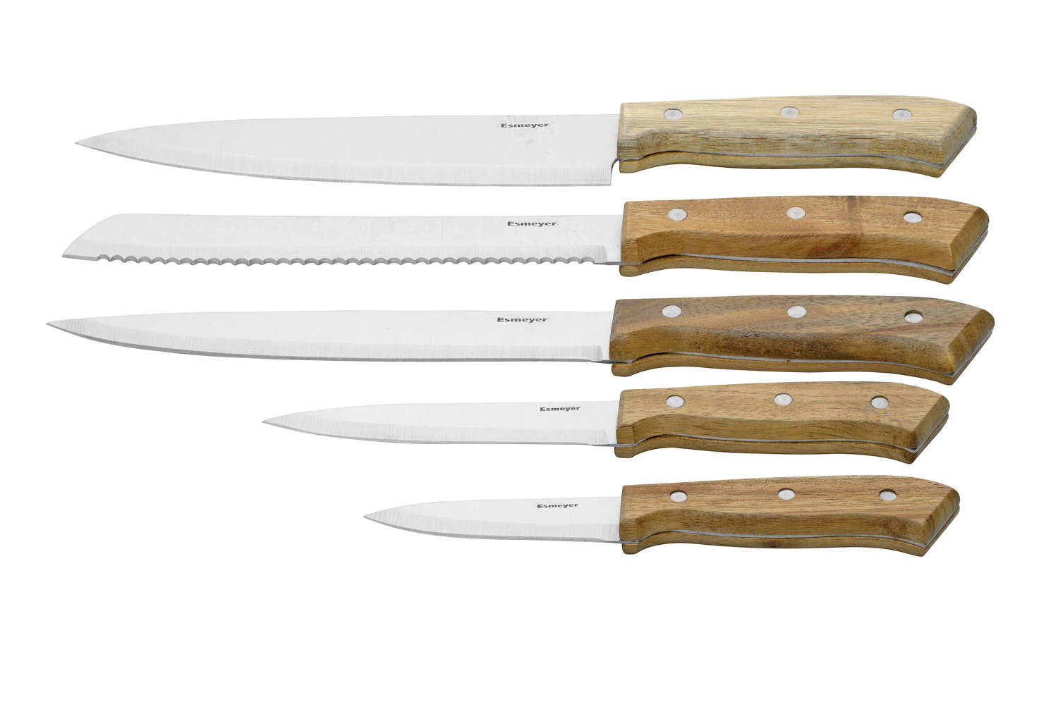 5-teiliges Messerset PHOENIX aus Edelstahl (Klingenstärke: 1.8 / 1.5 mm), mit genieteten Griffschalen aus edlem Akazienholz.