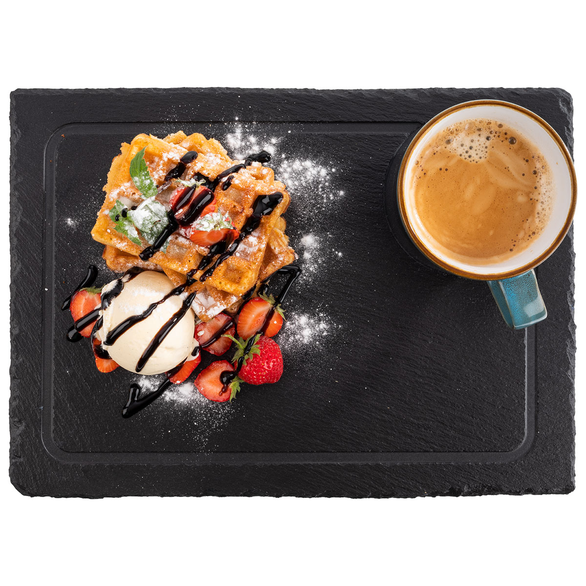 Naturschieferplatte, 33 x 24 cm, Materialstärke 6-9 mm, schonende Füßchen, glänzende, versiegelte, Oberfläche, Saftrinne, Ø 9,5 cm