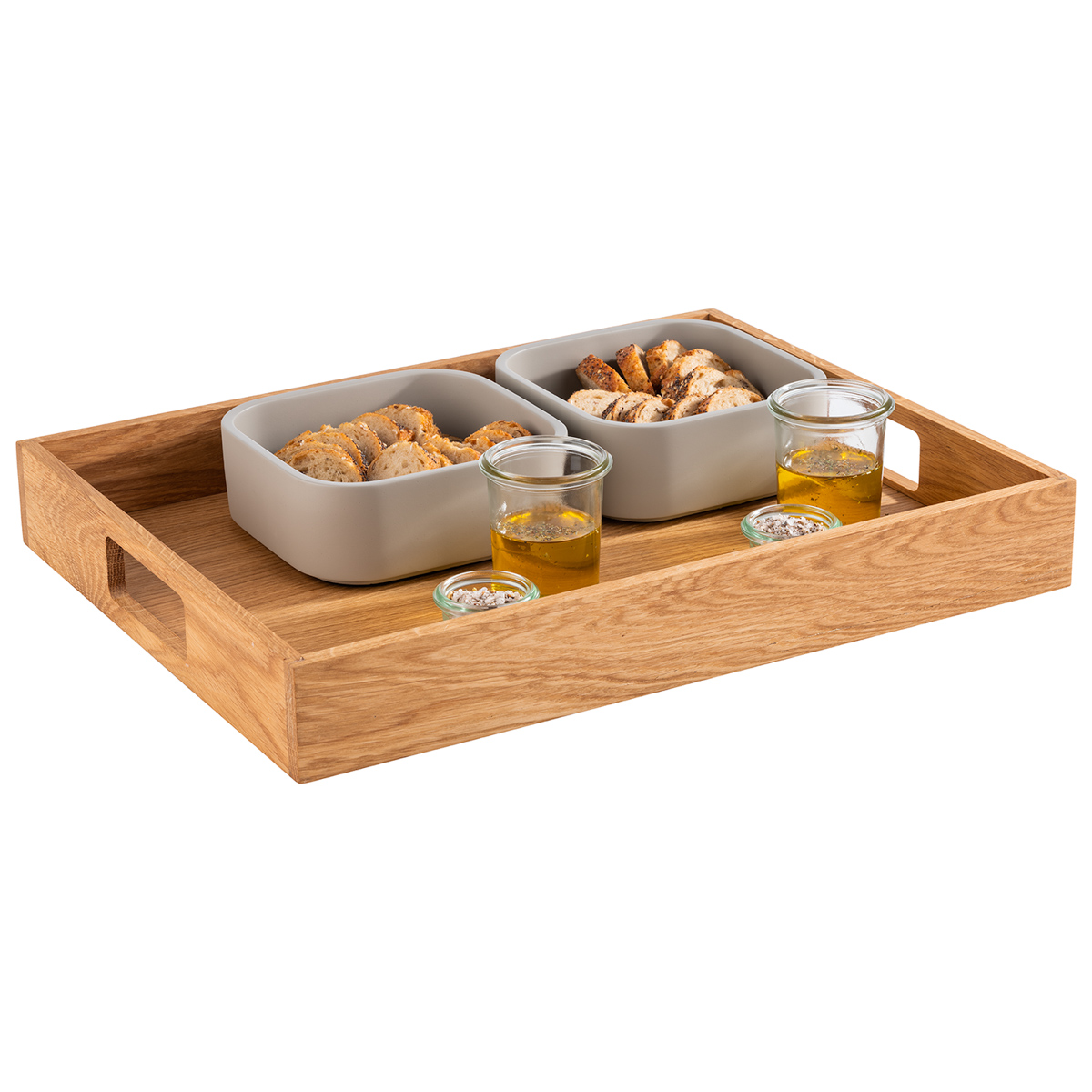 Serviertablett, 45 x 35 cm, H: 6 cm, Eichenholz, geölt, mit 2 Griffmulden