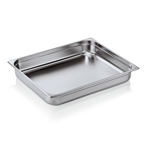 GN 2/1 Behälter, Materialstärke 0,6 mm. Material: Chromnickelstahl. Serie: GN 70. Inhalt in Litern: 28,5. Maße: Höhe: 100 mm