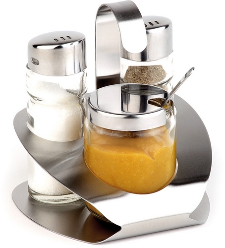 3-tlg. Menage -Pro- 10 x 10 cm, H: 11,5 cm Edelstahl matt / Glas Pfeffer - Salz - Senf Pfeffer-/Salz-Glasstreuer mit