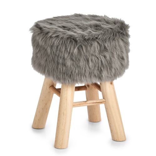 Sitzhocker "Zottel", Holz/Kunstfell, grau. Ø: 290 mm. Höhe: 390 mm.