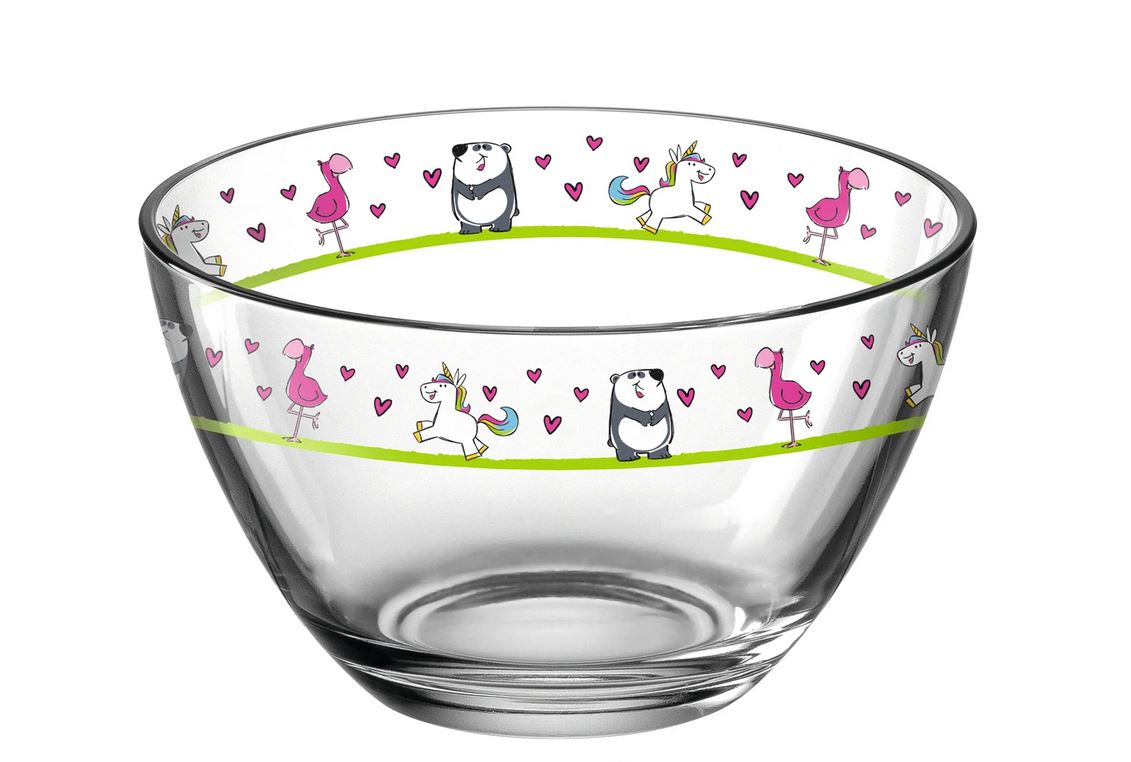 Leonardo Glasschale Bambini, spülmaschinengeeignet Durchmesser: 12 cm, Höhe: 7,5 cm, Motiv: Panda, Flamingo, Einhorn.